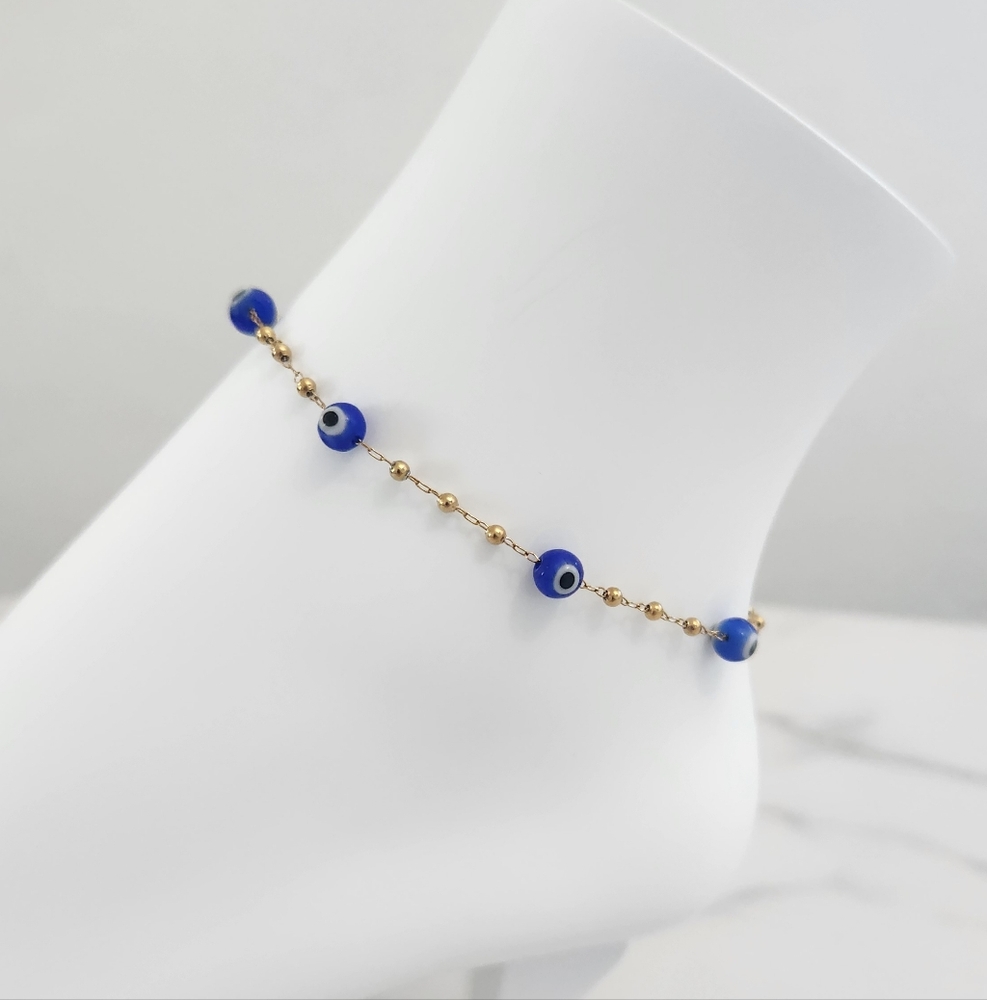 Modern Style Beaded Blue Evil Eye 18K Gold Plated Bracelet - Picture 3 of 11